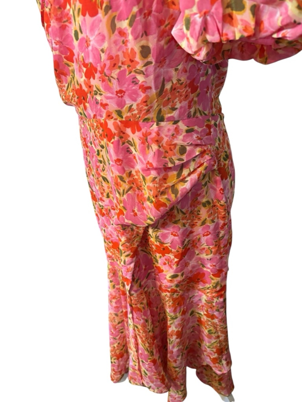 NEW ASTR Dress Large Santorini 1-Shoulder Floral Midi Chiffon Pink Orange Flowy - Picture 11 of 16